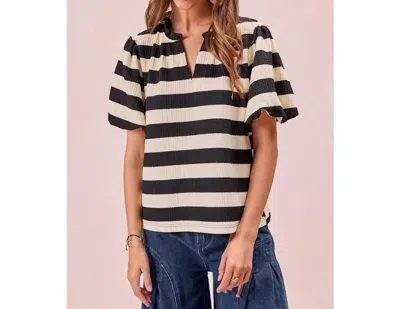Bibi Stripe Balloon Sleeve Ruffled V-neck Top In Black/white In Neutral