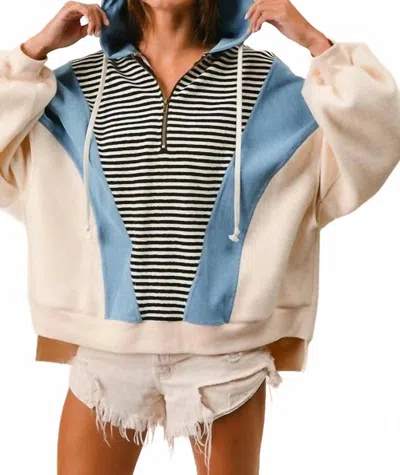 Bibi Striped Denim Block Zip Up Hoodie Jacket In Blue In Multi