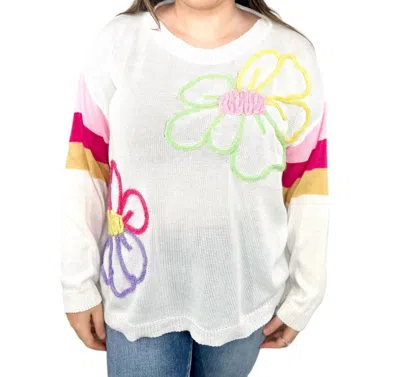 Bibi Striped Sleeve Flower Lightweight Sweater In Multi Color