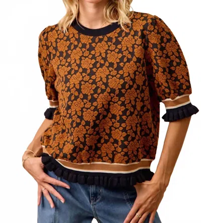 Bibi Textured Rose Knit Blouse In Brown Floral Jacquard In Multi