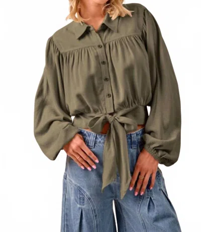 Bibi Tie Hem Detail Crop Blouse In Olive In Green