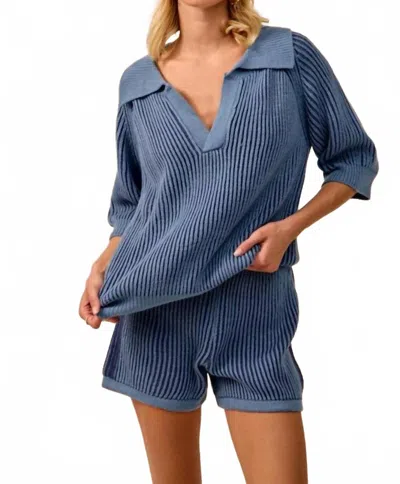 Bibi Two Toned Textured Ribbed Sweater Top And Shorts Set In Blue
