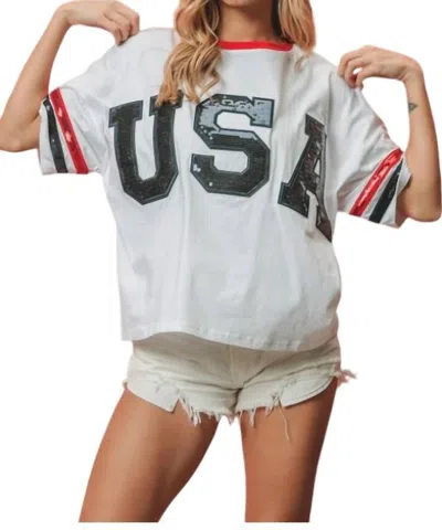 Bibi Usa Striped Sequin Top In White In Gray
