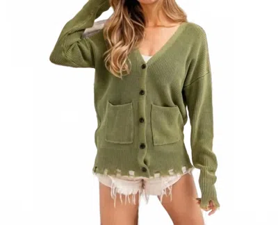 Bibi Vintage Washed V-neck Sweater Cardigan In Vintage Olive In Green