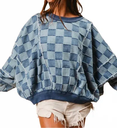 Bibi Washed Check Top In Denim In Blue