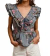 Bibi Washed Floral Print Top In Denim Blue In Gray