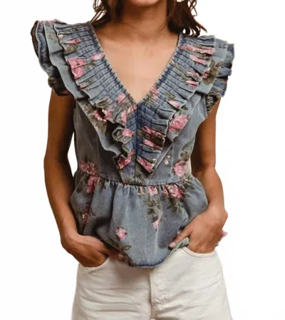 BIBI WASHED FLORAL PRINT TOP IN DENIM BLUE