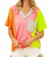 Bibi Women's Color Block V-neck Top In Coral/pink/n. Yell In Multi