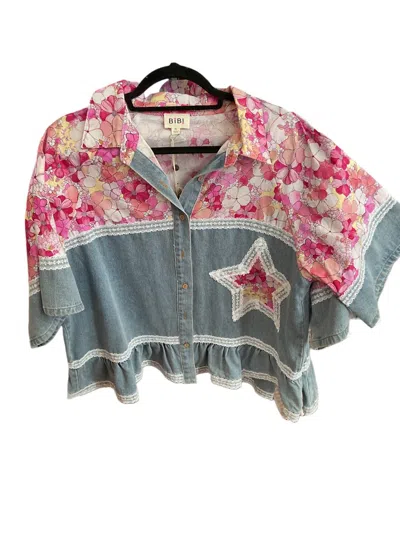 Bibi Women's Denim Floral Button Up Crop Top In Pink Multi