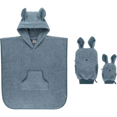 Bibs Kids'  Kangaroo Hooded Bath Towel & Bath Mitrs Set In Blue
