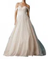 Bicici & Coty Off Shoulder Sweetheart Train Ball Gown In Champain In Multi