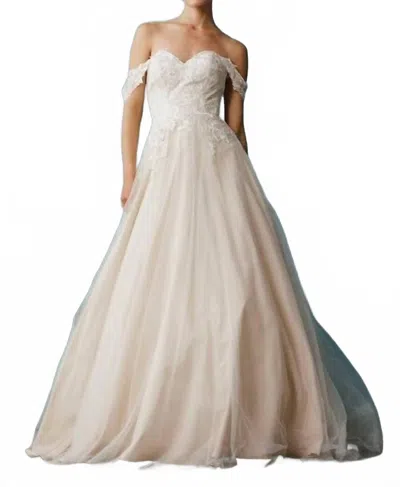 Bicici & Coty Off Shoulder Sweetheart Train Ball Gown In Champain In Multi