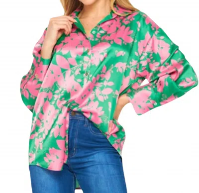 Big Hit Fashion Tara Button Down Blouse In Pink Green Floral In Multi