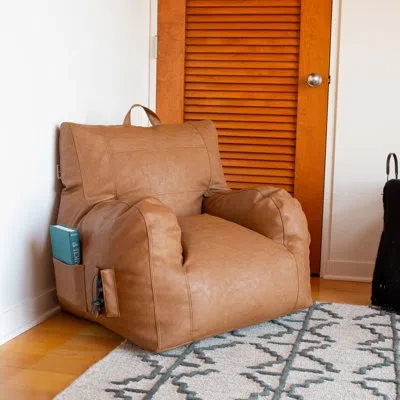 Big Joe Dorm Bean Bag Chair With Drink Holder And Pocket, Durable Polyester In Caramel Faux Leather