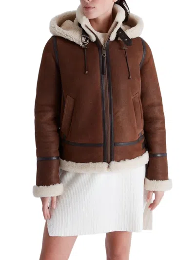 Bigardini Brown Shearling Jacket With Plush Cream Lining And Hood In Black