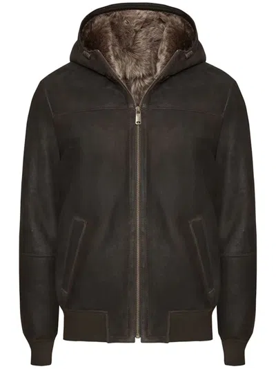 Bigardini Brown Toscana Shearling Jacket With Hood And Ribbed Details In Black