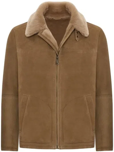 Bigardini Merillino Shearling Jacket With Plush Collar And Suede Finish In Brown