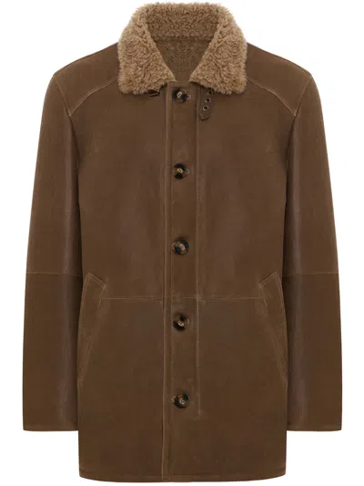 Bigardini Mid-length Brown Merinillo Shearling Jacket With Plush Collar In Multi