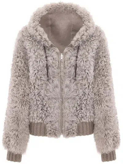 Bigardini Plush Shearling Jacket With Hood And Ribbed Hem In Gray