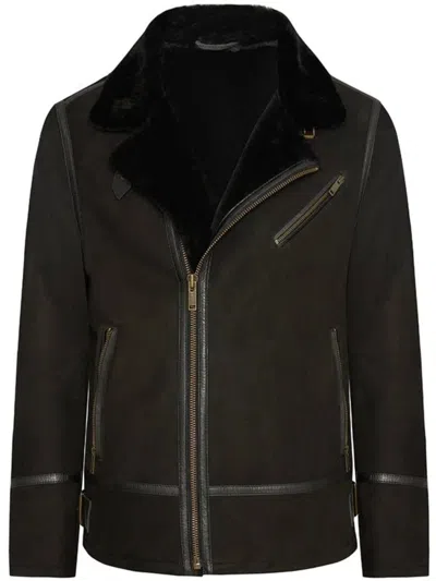 Bigardini Structured Black Shearling Jacket With Asymmetrical Zipper