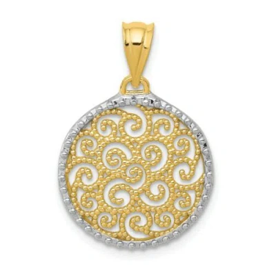 Pre-owned Bijou 14k Yellow And White Gold Polished Filigree Design In Circle Frame Pendant