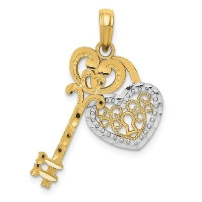 Pre-owned Bijou 14k Yellow Gold And Rhodium Diamond Cut Key W/ Heart Charm Pendant For Necklace