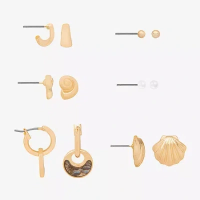 Bijoux Bar Delicates Gold Tone Shell Womens Simulated Pearl 6 Pair Earring Set In Multi