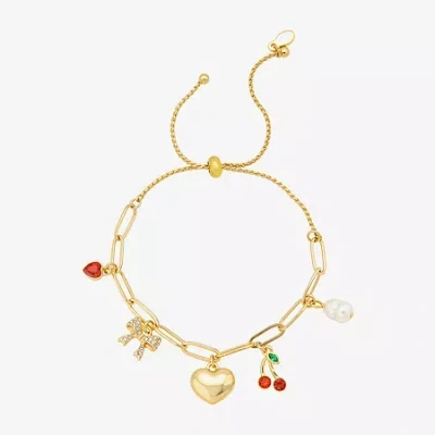 Bijoux Bar Delicates Gold Tone Womens Glass Bow Cherries Heart Charm Bracelet In Yellow