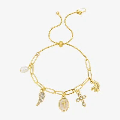 Bijoux Bar Delicates Gold Tone Womens Glass Cross Wing Charm Bracelet In Yellow
