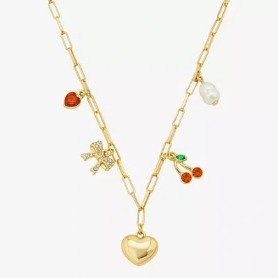 Bijoux Bar Delicates Gold Tone Womens Red Glass Alloy Bow Cherries Heart 16 Inch Pendant Necklace In Yellow