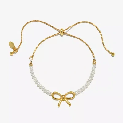 Bijoux Bar Delicates Gold Tone Womens Simulated Pearl Bow Bolo Bracelet In Yellow