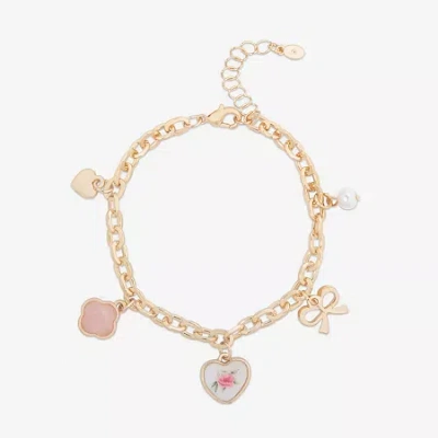 Bijoux Bar Delicates Gold Tone Womens Simulated Pearl Bow Clover Flower Charm Bracelet In Multi