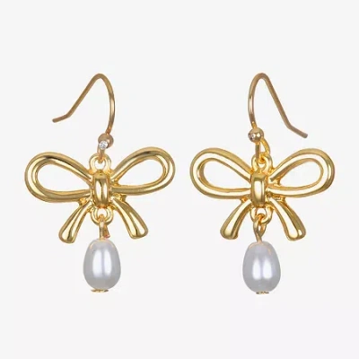Bijoux Bar Delicates Gold Tone Womens Simulated Pearl Bow Drop Earrings In Yellow