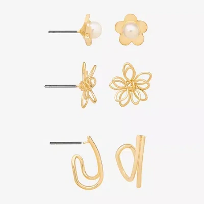 Bijoux Bar Delicates Gold Tone Womens Stainless Steel Flower 3 Pair Earring Set In White