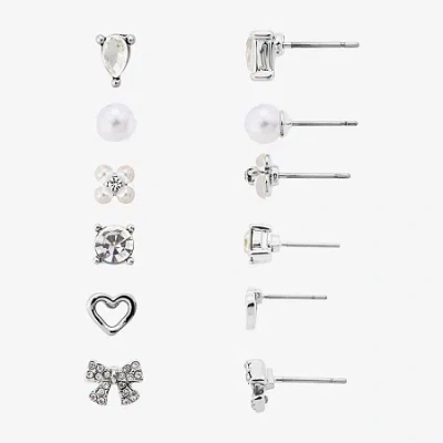 Bijoux Bar Delicates Womens Glass Bow Flower Heart 6 Pair Earring Set In Silver