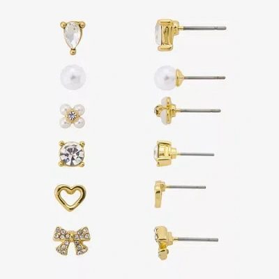 Bijoux Bar Delicates Womens Glass Bow Flower Heart 6 Pair Earring Set In Yellow