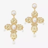 Bijoux Bar Gold Tone Filigree Womens Simulated Pearl Cross Drop Earrings In Gold