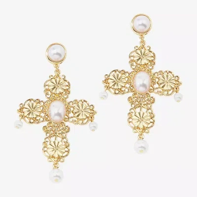 Bijoux Bar Gold Tone Filigree Womens Simulated Pearl Cross Drop Earrings