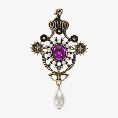 Bijoux Bar Gold Tone Purple Glass Brooch In Yellow