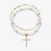 Bijoux Bar Gold Tone Womens Cubic Zirconia Simulated Pearl Cross Stretch Bracelet In White