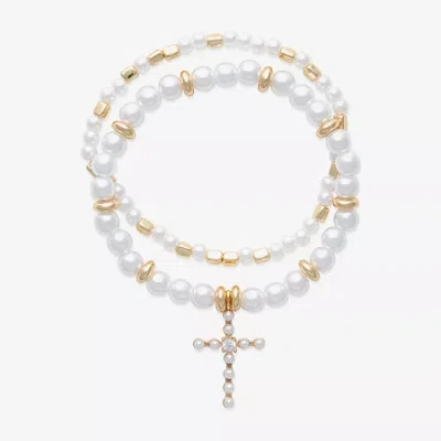 Bijoux Bar Gold Tone Womens Cubic Zirconia Simulated Pearl Cross Stretch Bracelet In White