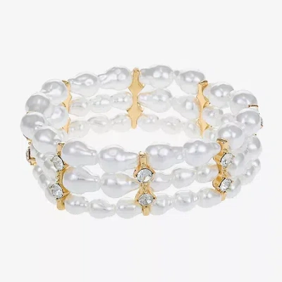 Bijoux Bar Gold Tone Womens Glass Simulated Pearl Stretch Bracelet In White