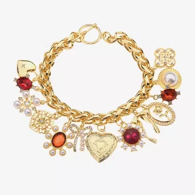 Bijoux Bar Gold Tone Womens Green Glass Heart Charm Bracelet In Multi