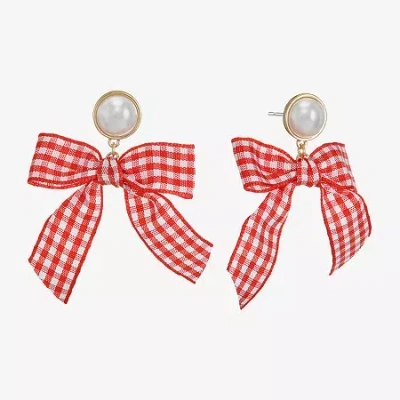 Bijoux Bar Gold Tone Womens Simulated Pearl Bow Hypoallergenic Drop Earrings In Red
