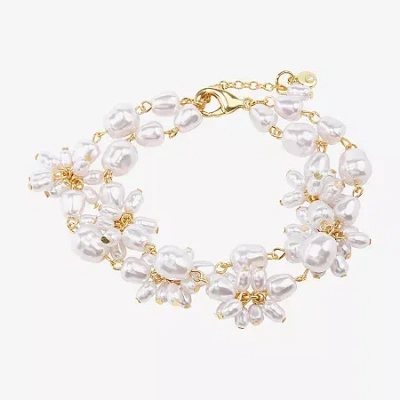 Bijoux Bar Gold Tone Womens Simulated Pearl Strand Bracelet In White