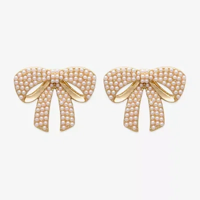 Bijoux Bar Gold Tone Womens White Simulated Pearl Bow Drop Earrings In Yellow