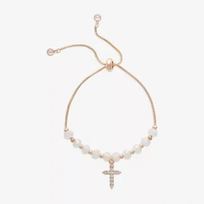 Bijoux Bar Rose Tone Womens Glass Cross Bolo Bracelet In White