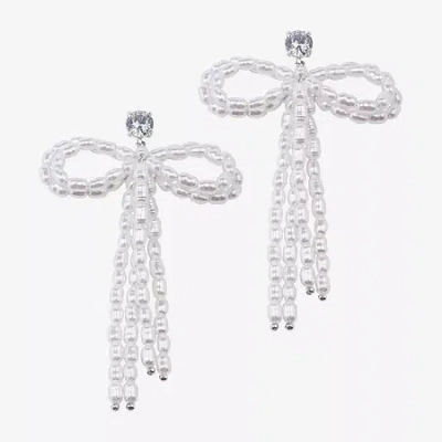 Bijoux Bar Silver Tone Womens Glass Simulated Pearl Bow Drop Earrings In White