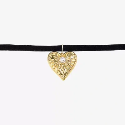 Bijoux Bar Womens Glass Simulated Pearl Heart 14 Inch Choker Necklace In Black
