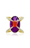 Bijules 14k Yellow Gold Compass Ring W/ Fire Opal; Amethyst & Diamond Pave In Purple